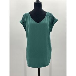 FORTUNE IVY Women Teal‎ V Neck Short Sleeve Tie Back Keyhole Top Size L